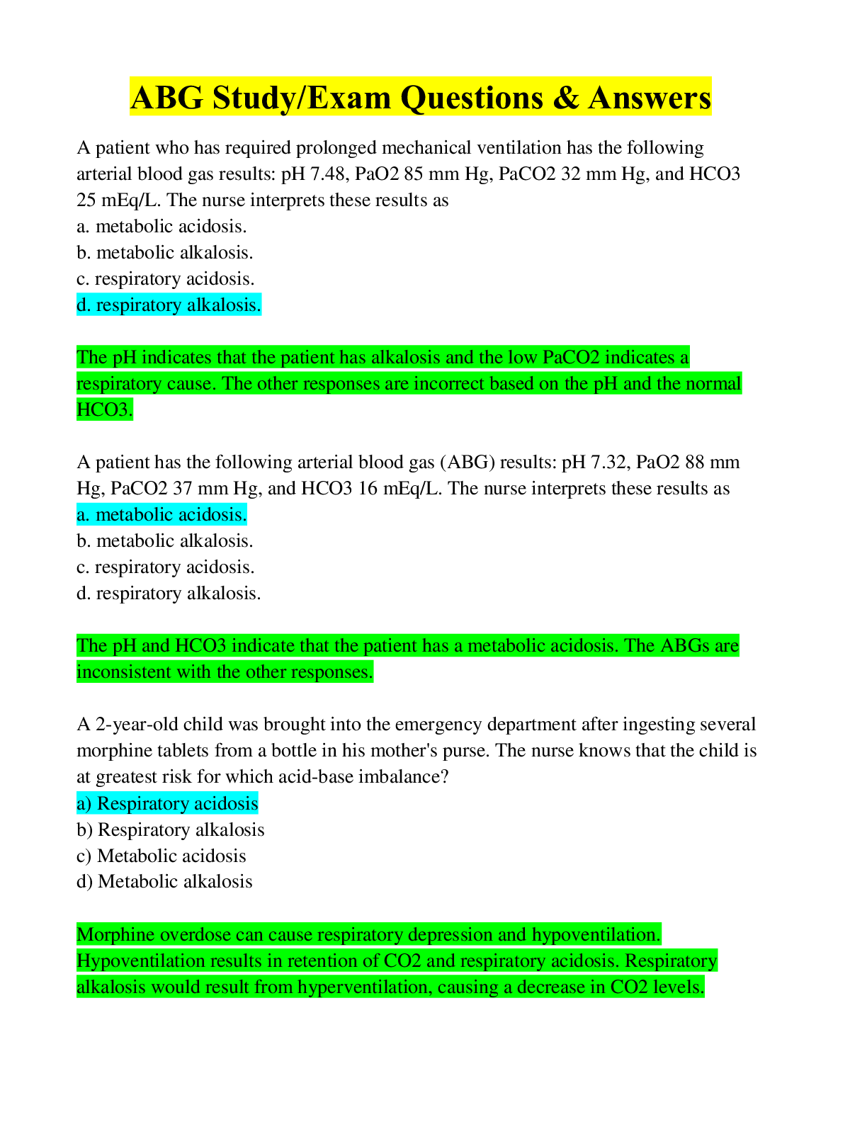Preview image for ABG Study/Exam Questions & Answers (Deeply Explained Answers With Rationales)